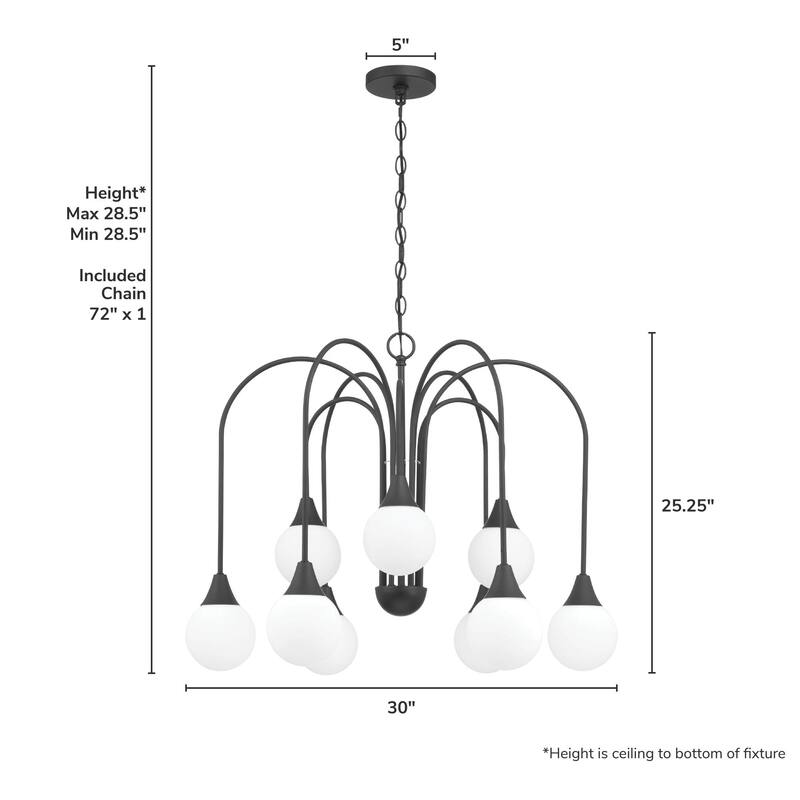 Hunter Valadon Matte Black with Cased White Glass 9-Light Chandelier - Dining, Living, Entry, Kitchen - Contemporary