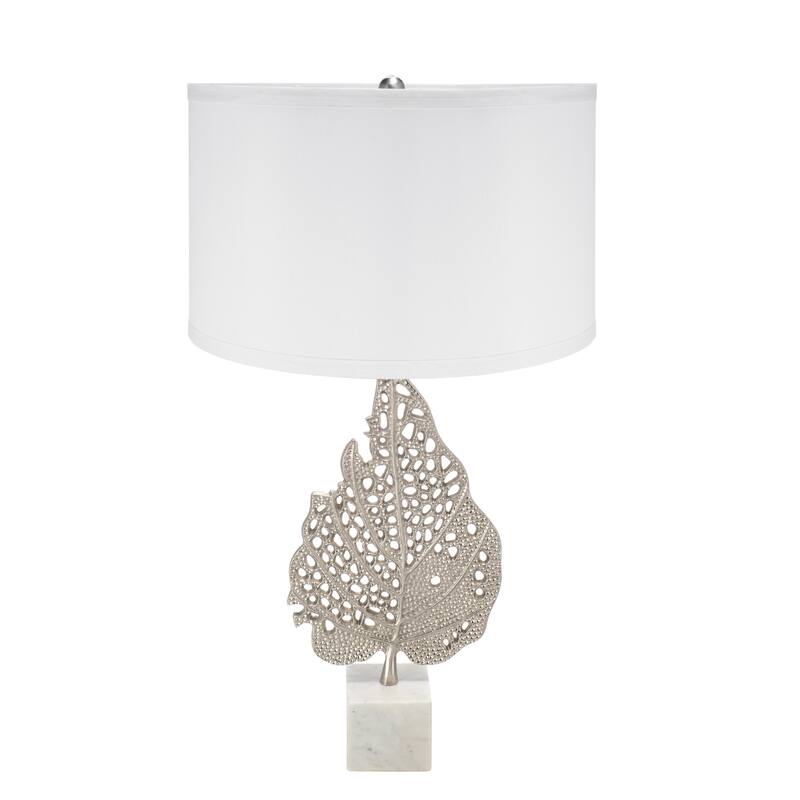 D15x29.3" White and Silver Leaf Table Lamp with Drum Shade and Marble Base