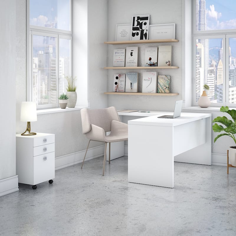 Echo L Shaped Desk with Mobile File Cabinet by Bush Business Furniture - Pure White