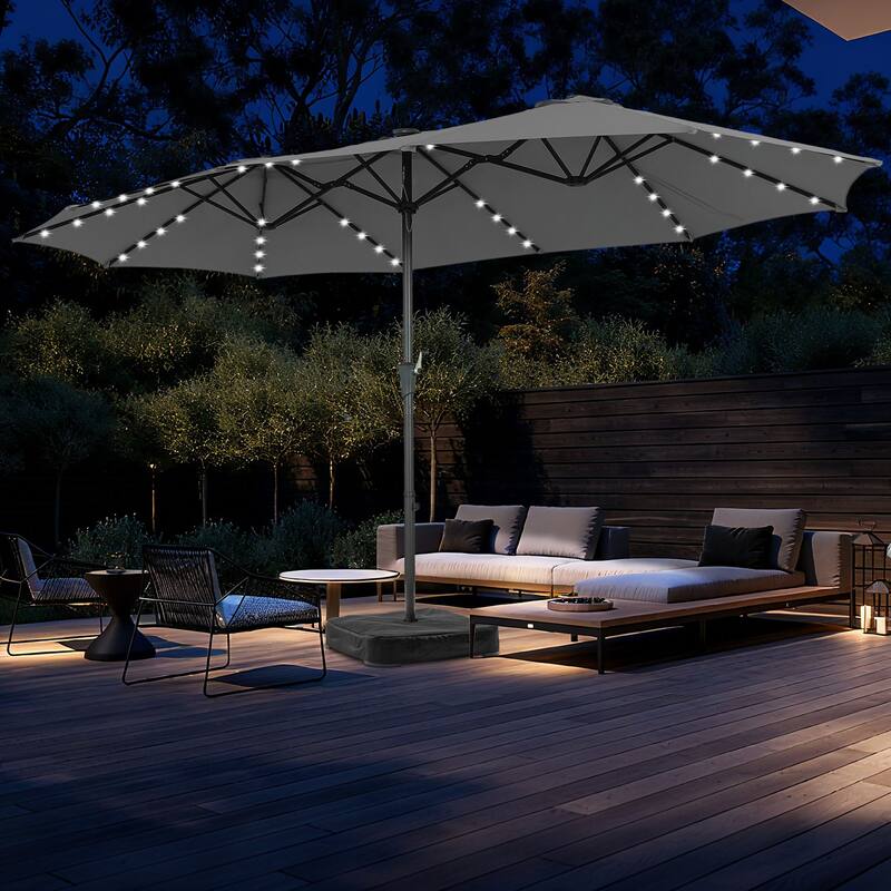 Autlaycil 15 ft Patio Umbrella with Base & 48 LED lights for Outdoor Umbrella - Grey