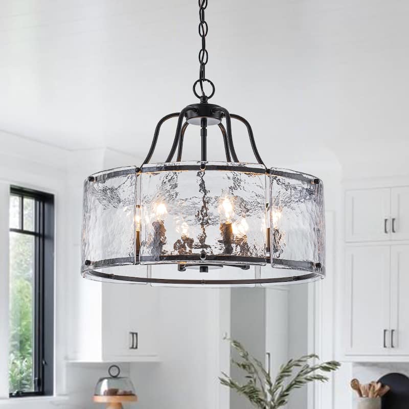 Modern 6-Light Clear Rippled Glass Lantern Pendant For Kitchen Island - Matte Black