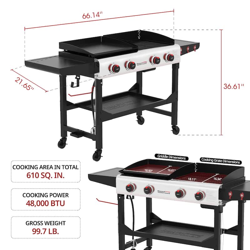 Royal Gourmet 4-Burner Portable Flat Top Gas Grill and Griddle Combo Grill with Folding Legs, Black & Silver