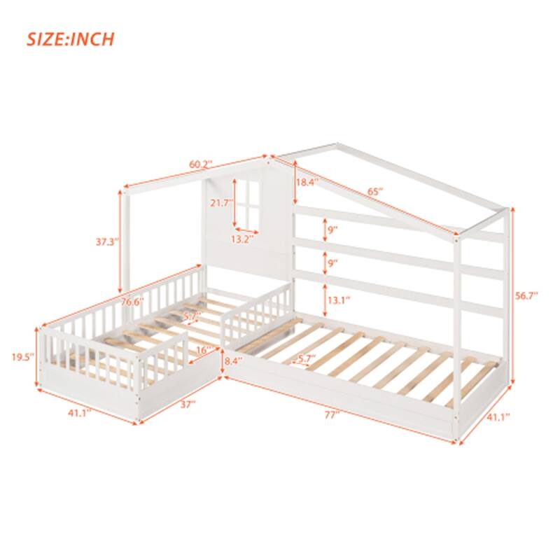 Wood House Bed Twin Size, 2 Twin Solid Bed L Structure with Fence