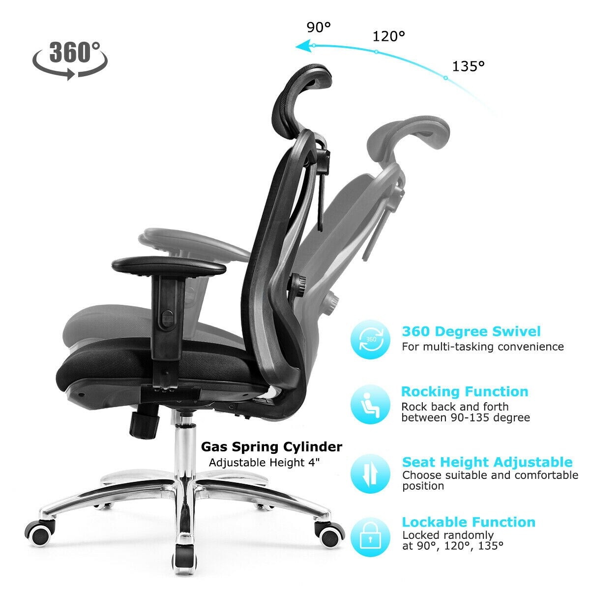 Gymax mesh office chair recliner high top back adjustable with headrest & lumbar support