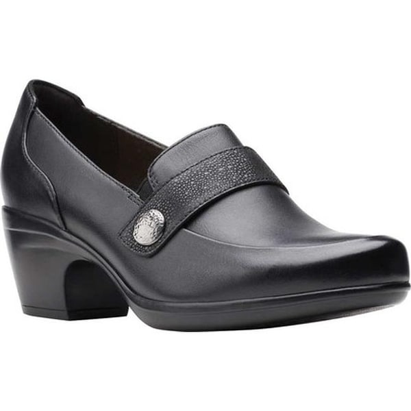 black leather heeled loafers womens