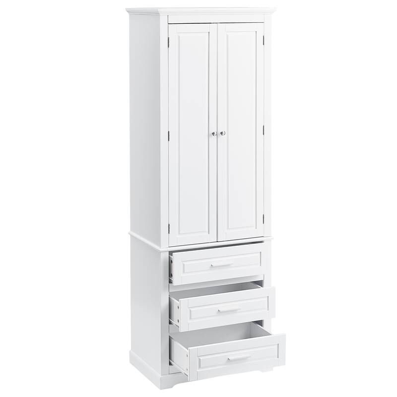 Roomfitters 64" Tall Bathroom Storage Cabinet, Modern MDF Linen Tower with 3 Large Drawers & Adjustable Shelves, White