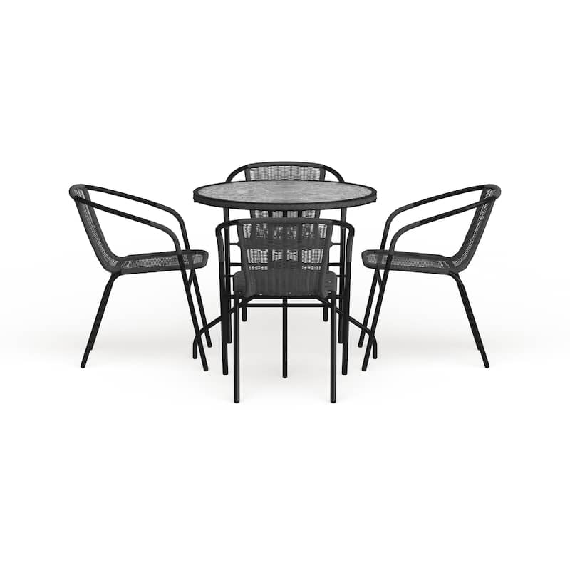 28'' Round Glass Metal Table with Rattan Edging and 4 Rattan Stack Chairs