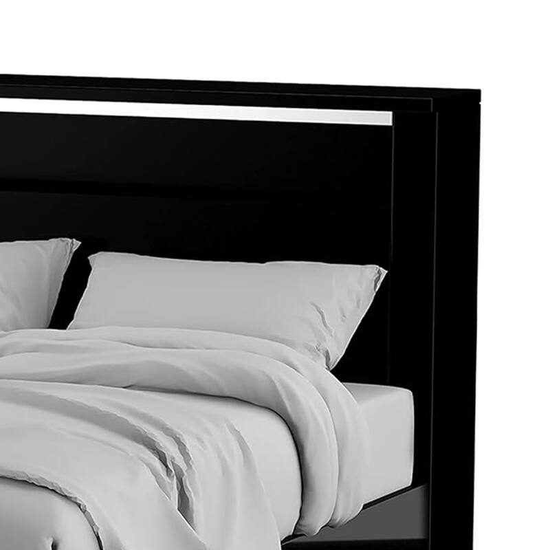 Cari Queen Size Bed, LED Bookcase Headboard, Black and Chrome