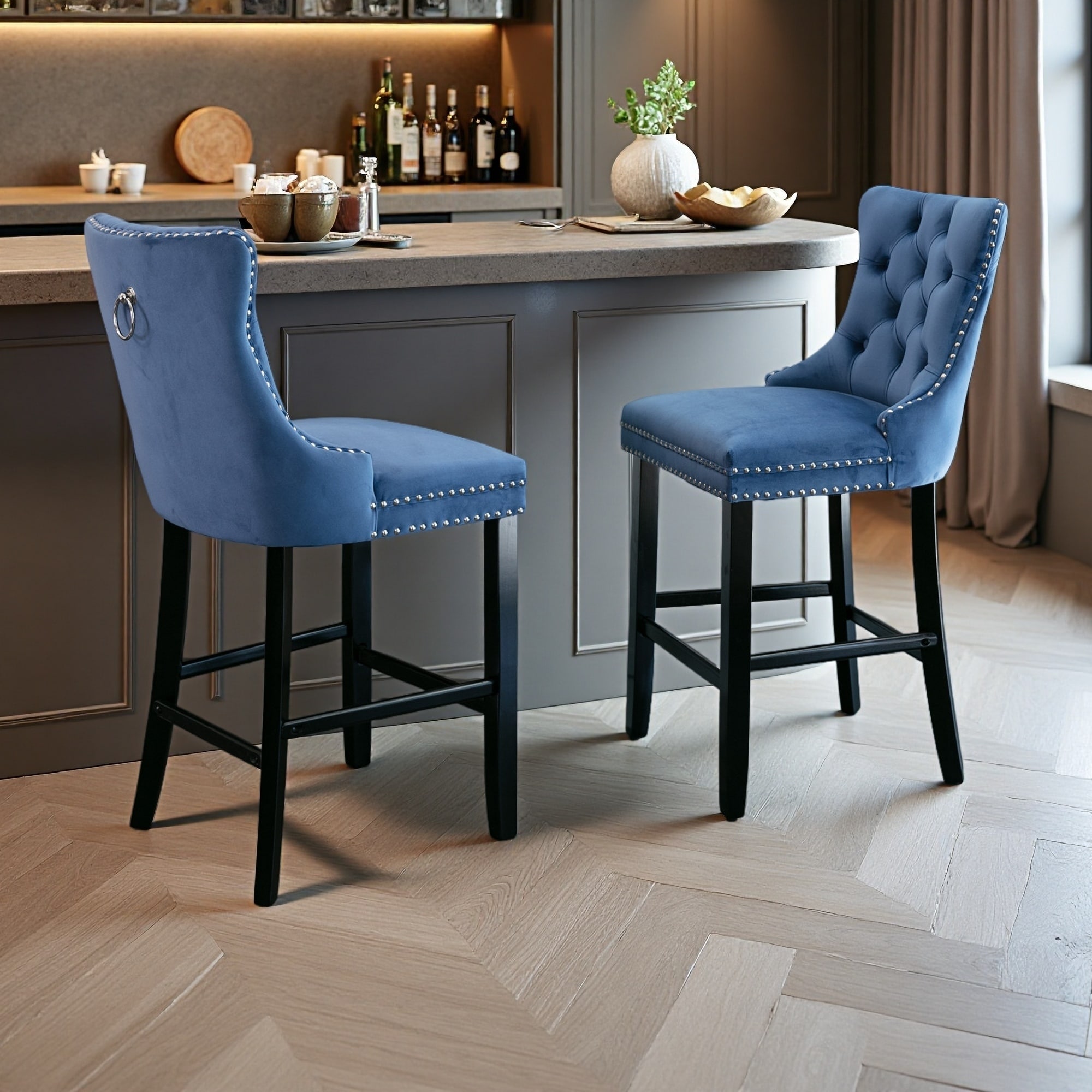 Velvet Button-Tufted Bar Stools Set of 2 with Wooden Legs and Nailhead Trim for Kitchen Island