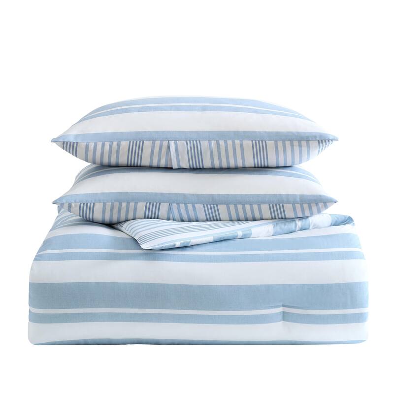 Nautica Riverside Stripe Reversible Fine Pattern Cotton Coastal Comforter (Blue)