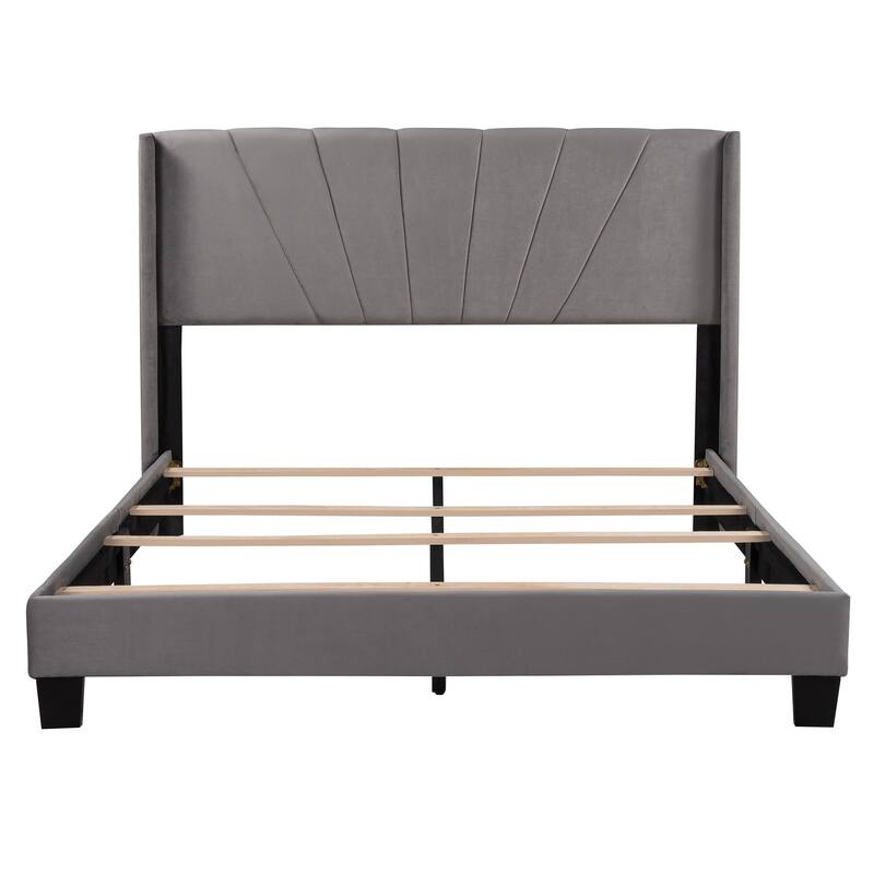 Queen Size Velvet Upholstered Platform Bed, Box Spring Needed Bed