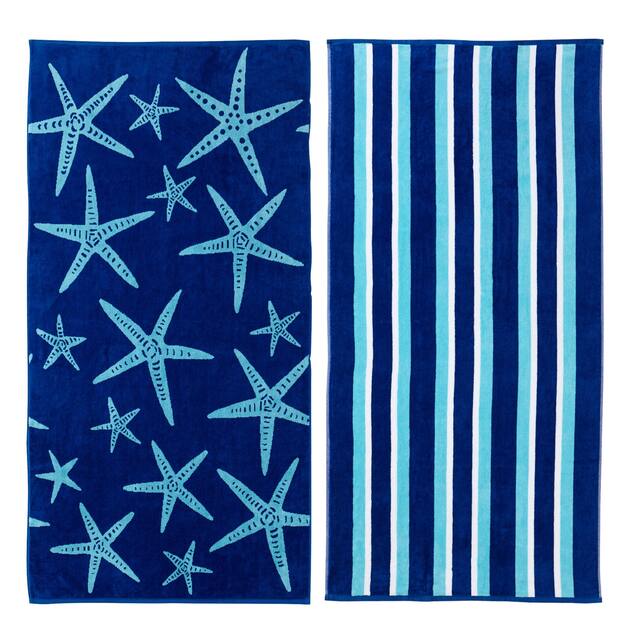Luxurious Cotton Printed Beach Towel - Star Fish & Stripe