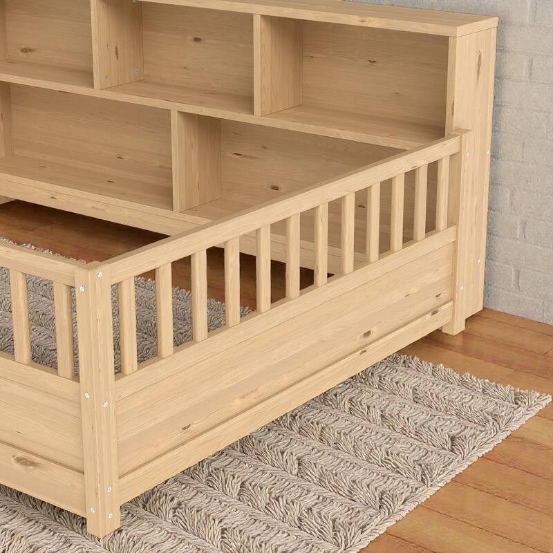 Wooden Floor Bed with Fence Guardrails, Montessori Style Kids Bed Frame with Side Storage Design