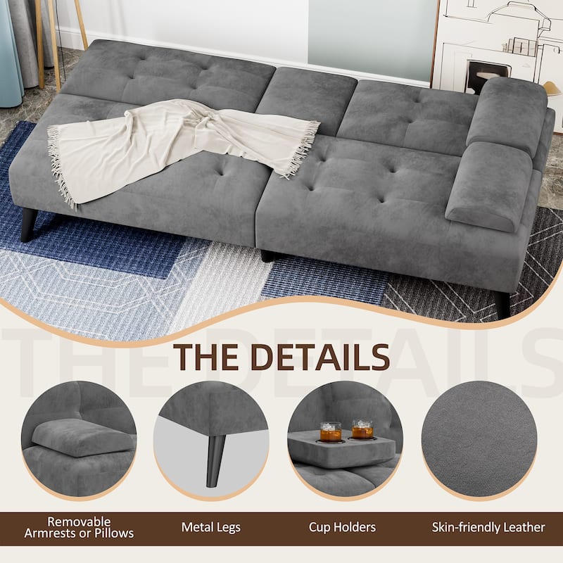 3-in-1 Convertible Sofa Bed with Folding Cup Holders & Adjustable Backrest – Modern Futon with Removable Armrests