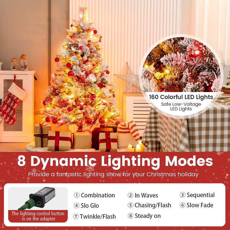 Gymax 4.5/6/7 FT Pre-Lit Artificial Christmas Tree Snow-Flocked Hinged