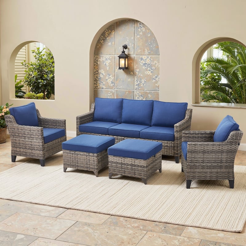 Glissia 5-Piece Gray Wicker Patio Seating Set with Cushions and Ottomans - Navy Blue Cushions - Gray Wicker