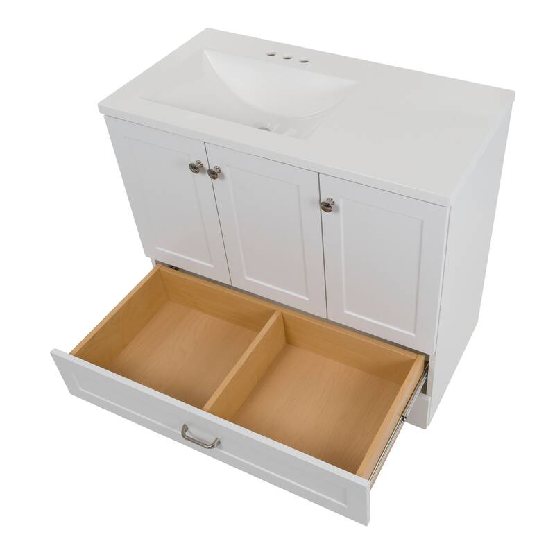 Spring Mill Cabinets Emlyn 36.5" Bathroom Vanity With Shelves, Drawer, and White Sink Top