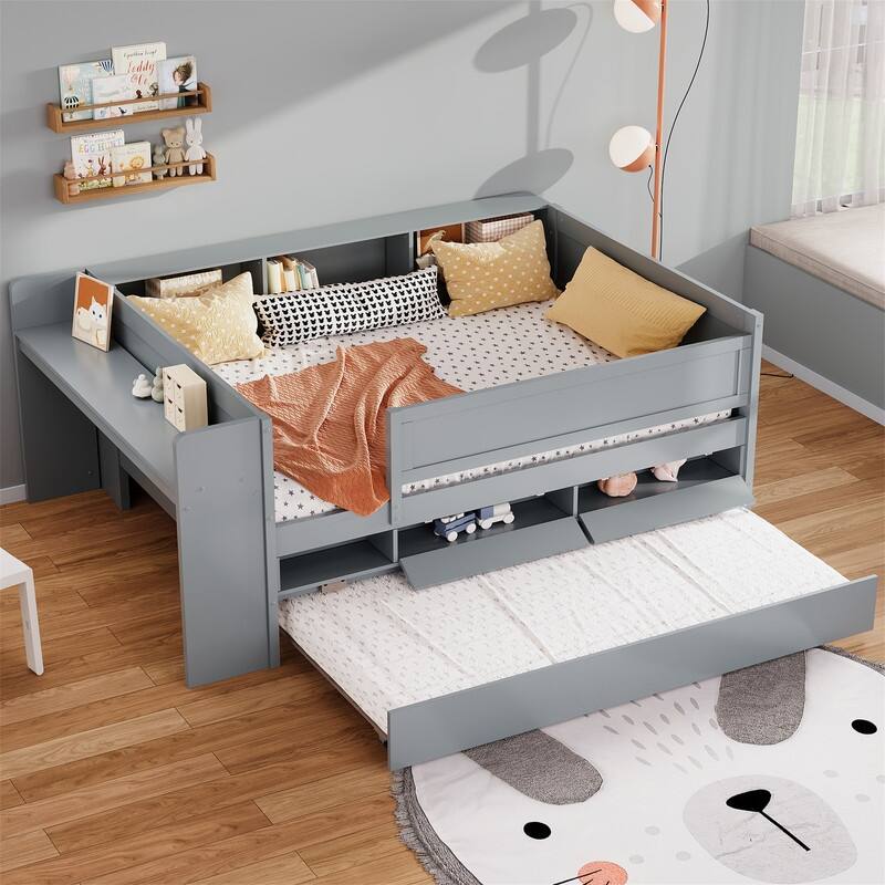 Multi-Functional Twin Size Daybed with 2 Drawers and Twin Size Trundle, Wooden Sofa Bed Frame w/ Headboard Storage & Study Desk