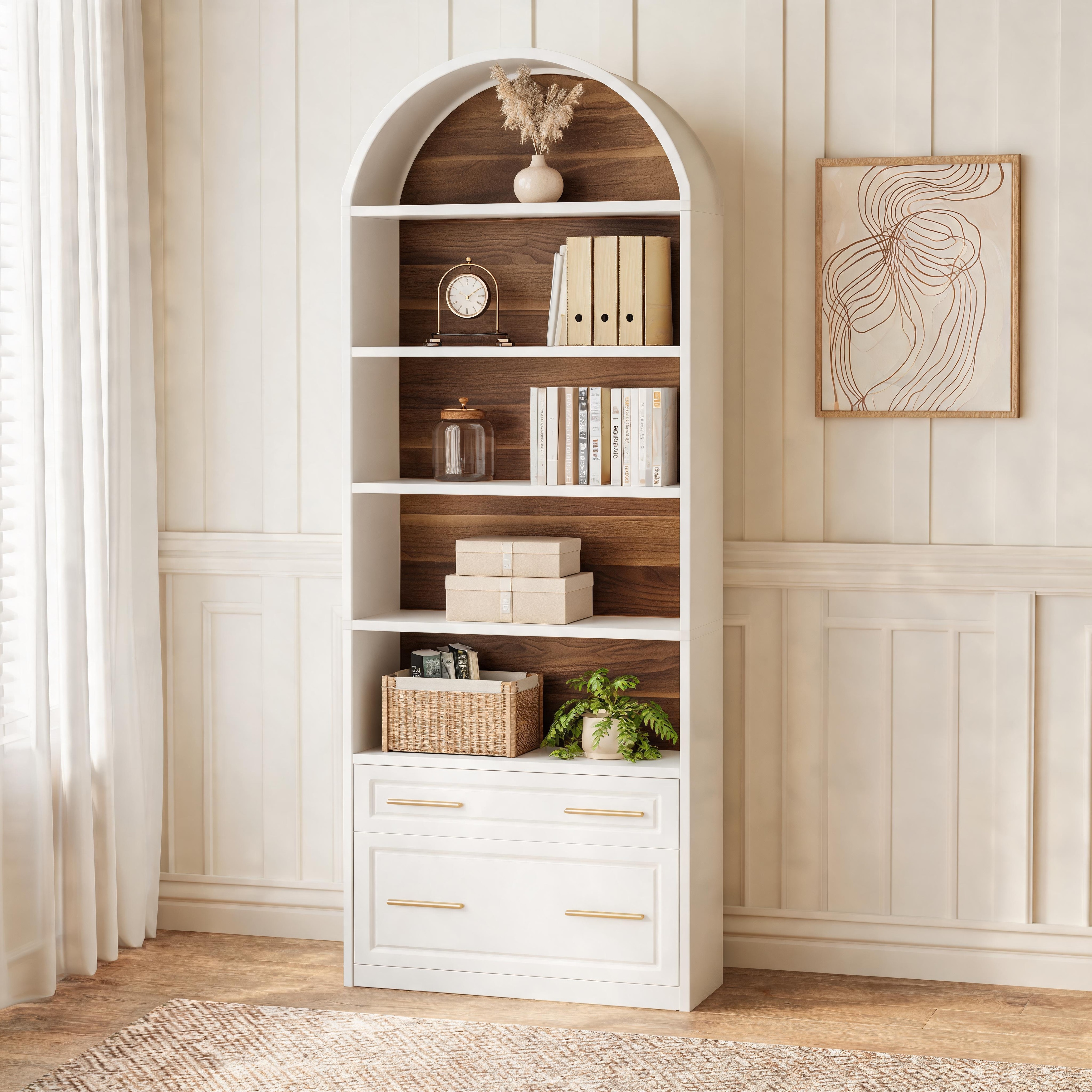 76-inch Tall Arched Bookshelf with Drawer for Living Room, Office, Bedroom - 11.81"D x 31.5"W x 76.77"H
