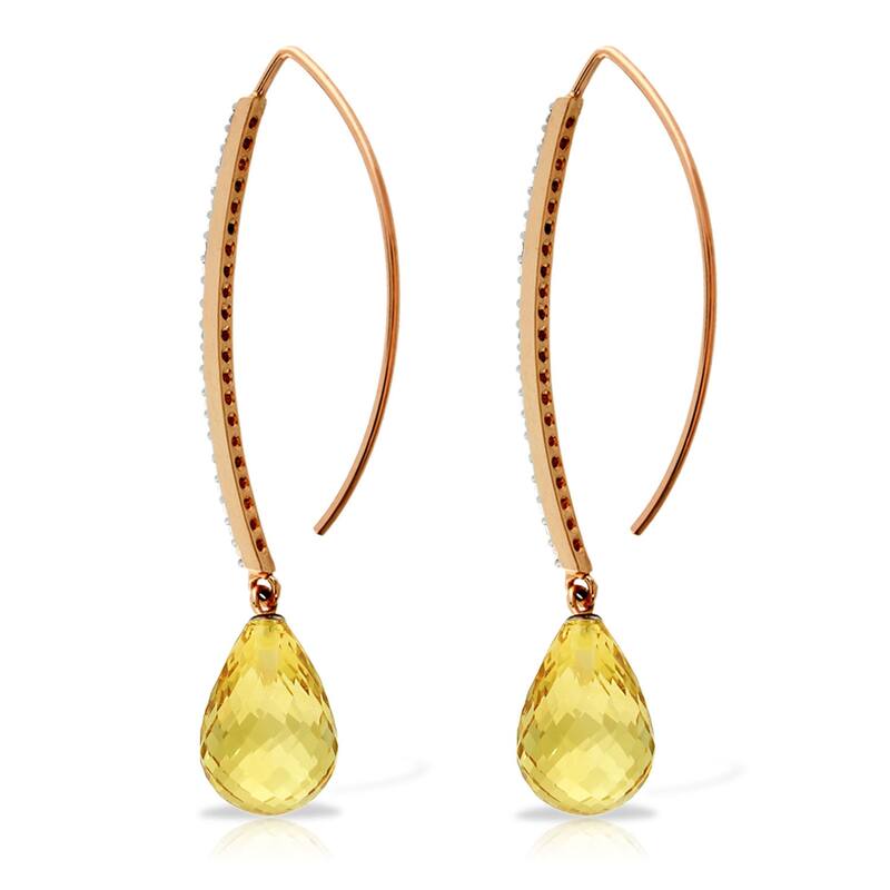 14K Solid Gold Diamonds Hook Earrings w/ Dangling Briolette Citrines