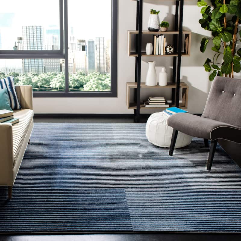 SAFAVIEH Galaxy Sigtraud Mid-Century Modern Geometric Stripe Rug - 9' x 12' - Blue/Navy
