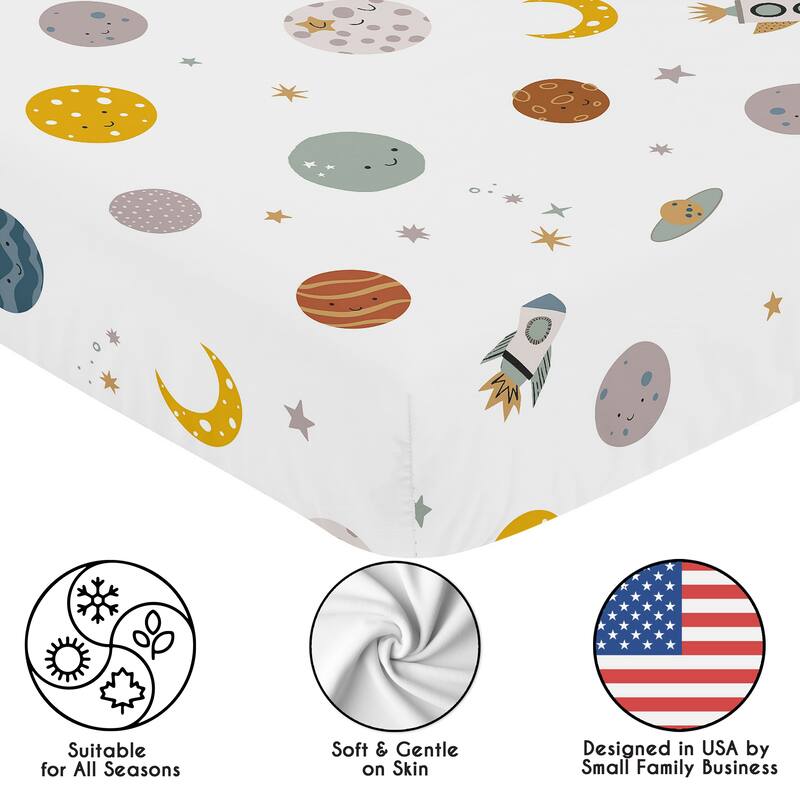 Sweet Jojo Designs Space Themed Boy Fitted Crib Sheet - Moon & Stars, Whimsical, Outerspace, Galaxy Planets, Rockets Ship, Moons