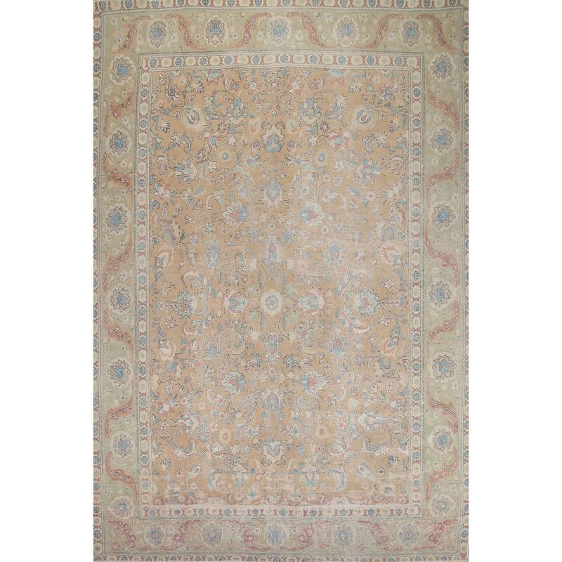 Hand Knotted Oriental 100% Wool Carpet Traditional All-Over Peach Tabriz Area Rug - 12' 8'' X 10' 0''