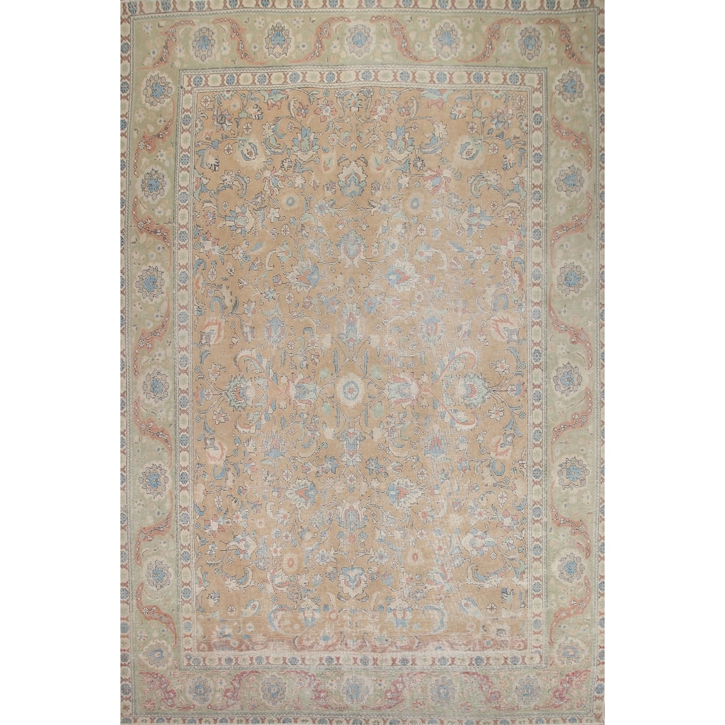 Hand Knotted Oriental 100% Wool Carpet Traditional All-Over Peach Tabriz Area Rug - 12' 8'' X 10' 0''
