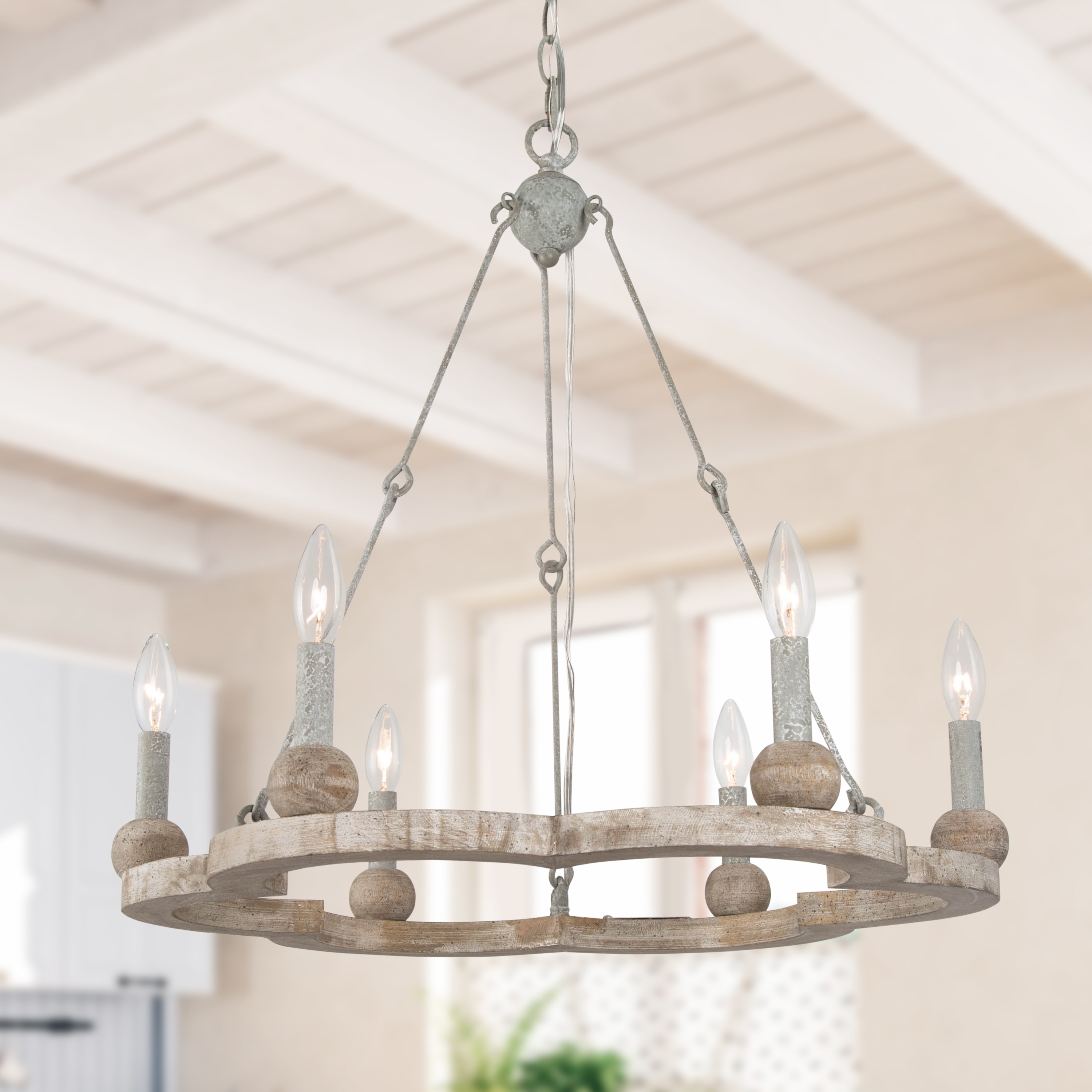 Farmhouse Wood Candle Chandelier 6-Light French Country Wagon