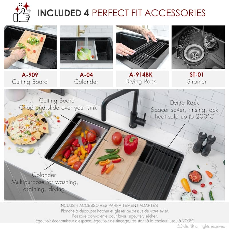 Dual mount 32 inch Black Composite Granite Single Bowl Workstation Kitchen Sink