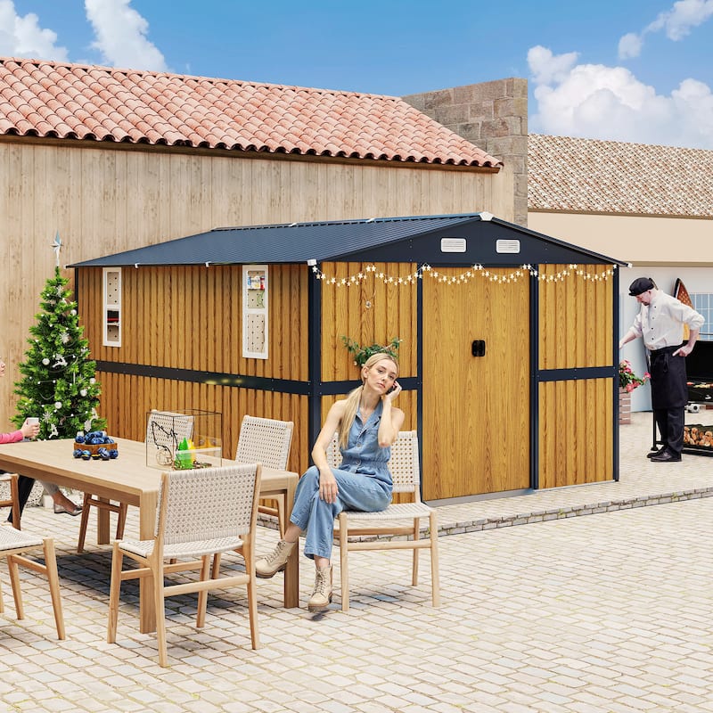 10X12 FT Outdoor Steel Storage Shed with Lockable Doors, 2 Windows, Garden Shed Ideal for Backyard, Patio Storage - Yellow