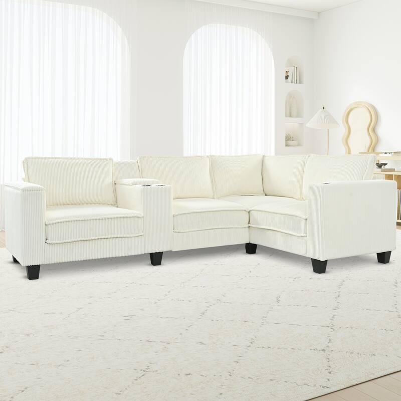 106" L-Shaped 4-Seater Corduroy Sectional - Console Armrests with USB Charging & Reversible Sides - Beige