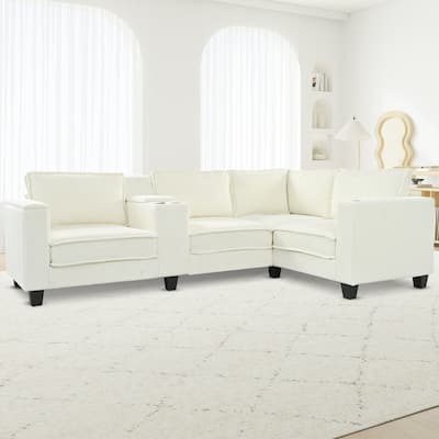 L-shaped 4-seater Corduroy Sofa with Storage Armrests, USB Charging, Adjustable Seats