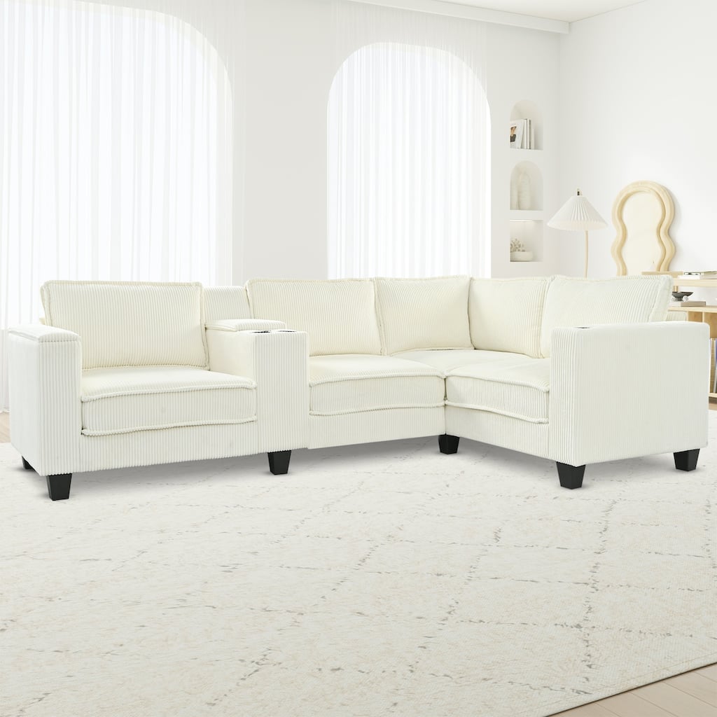 L-shaped 4-seater Corduroy Sofa with Storage Armrests, USB Charging, Adjustable Seats