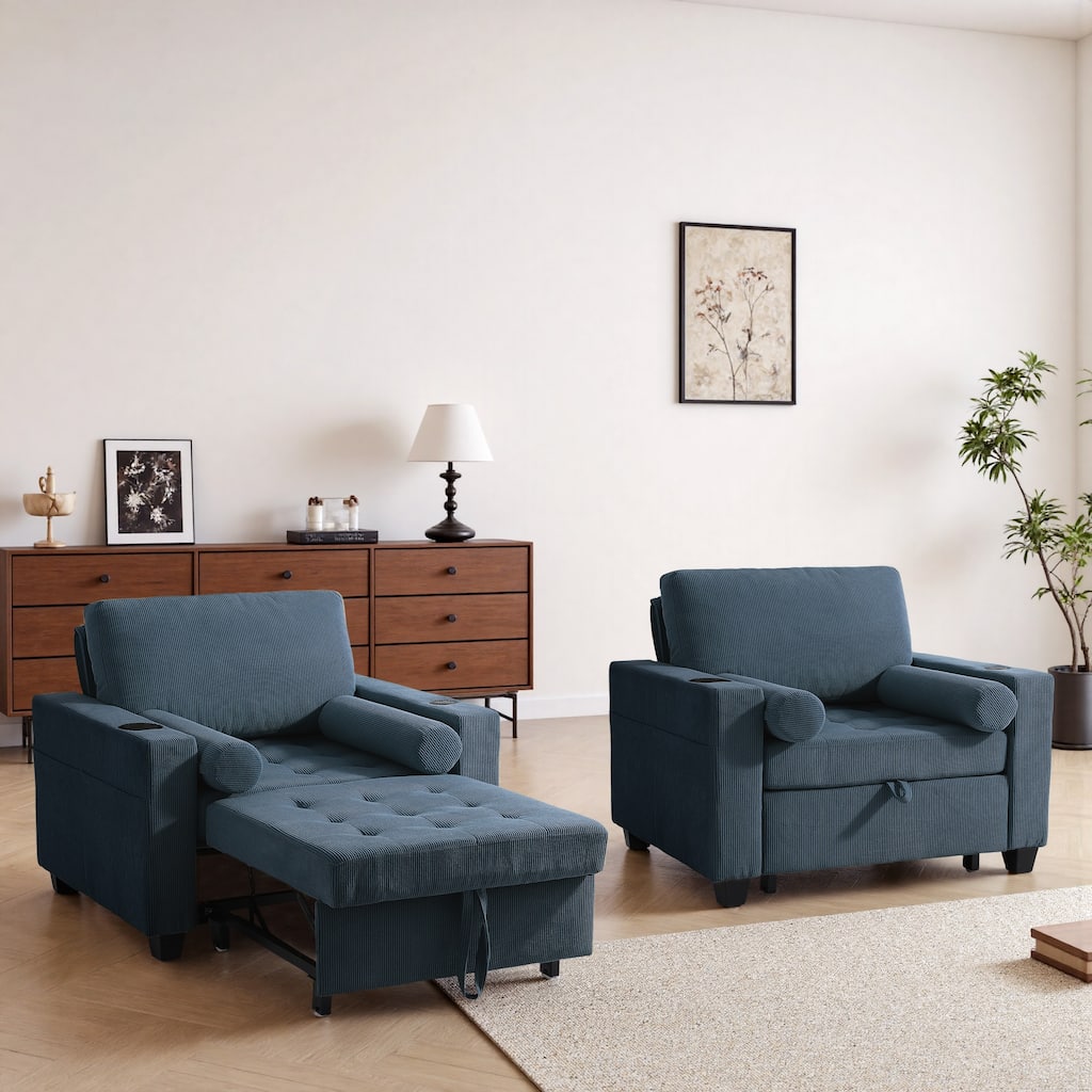 Corduroy Upholstered Accent Chair Convertible Sleeper Chair Set of 2