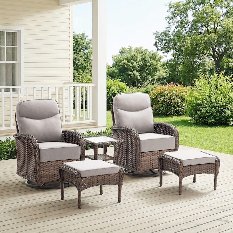 Pocassy Outdoor Sofa Swivel Chair and Ottman with Fire Pit Table - Brown Wicker Beige Cushion - 5-Piece Swivel Chair with Ottoman