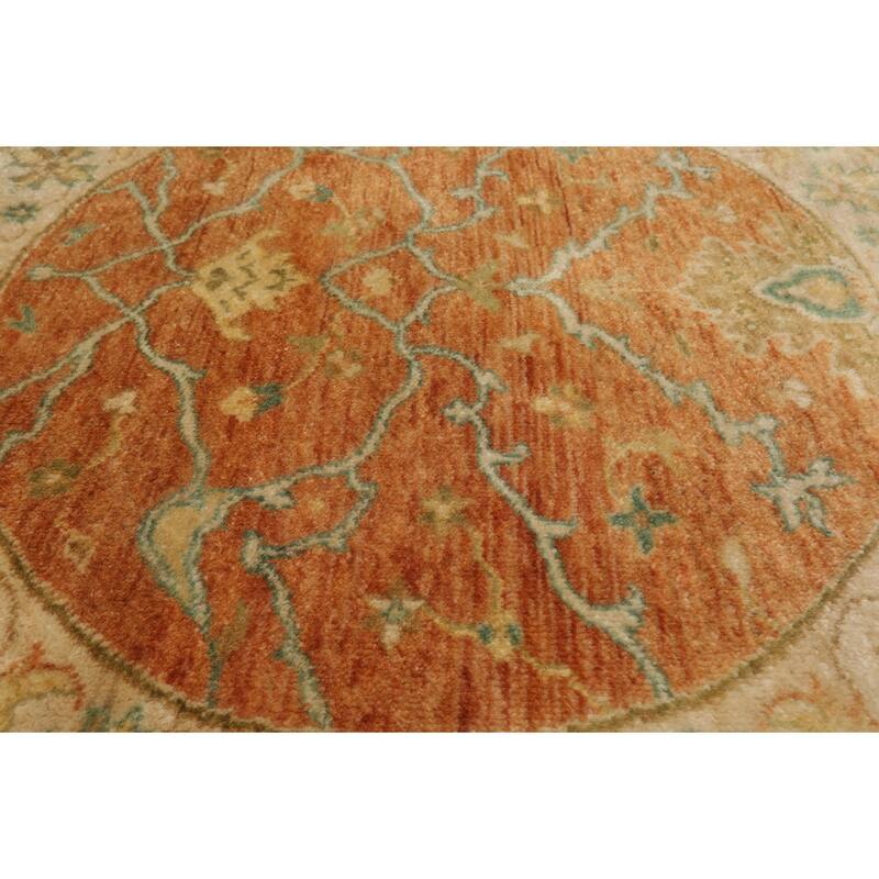 Agra Traditional Botanical Gold Wash Silky Sheen 3'1''x3'1'' Round Hand Knotted New Zealand Wool Burnt Orange Rug