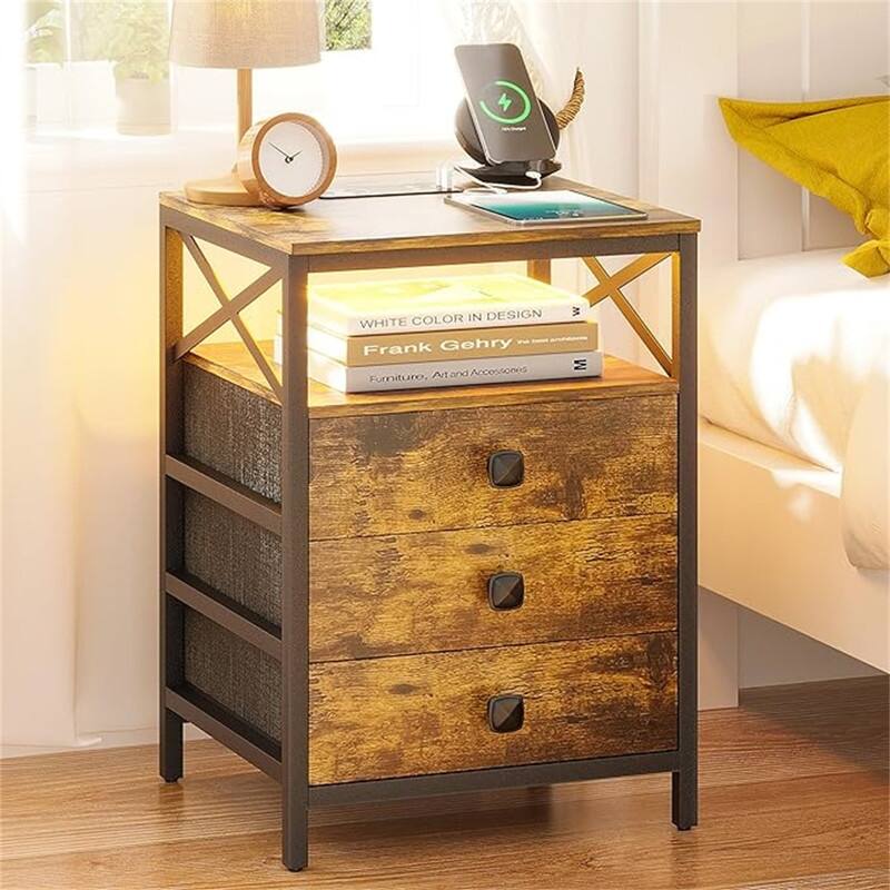 LED Nightstand with Wireless Charging Station - Wooden