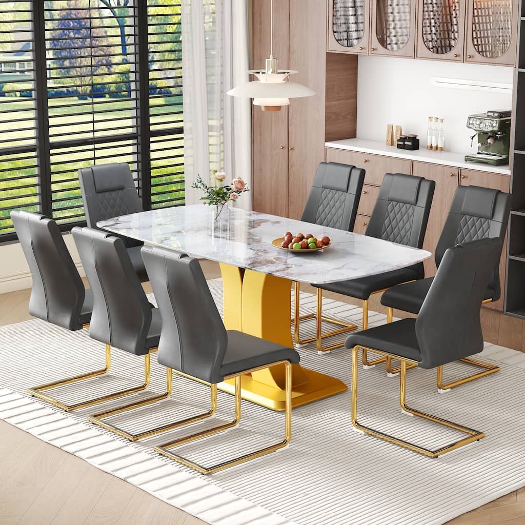 9-Piece Glass Marble-Texture Dining Set, Kitchen Table Set with PU Chairs and Gold Metal Legs for Dining Room