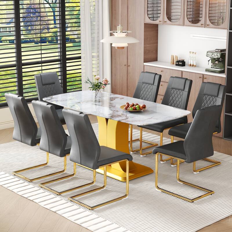 Dining Table with Gold C-Shaped Legs, Minimalist Dining Set, Dark Gray Leather Dining Chairs with Metal Legs