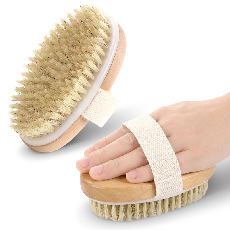 Cheer Collection Set of 2 Natural Bristle Body Brushes Round and Oval with Hand Strap for Wet or Dry Use - Oval