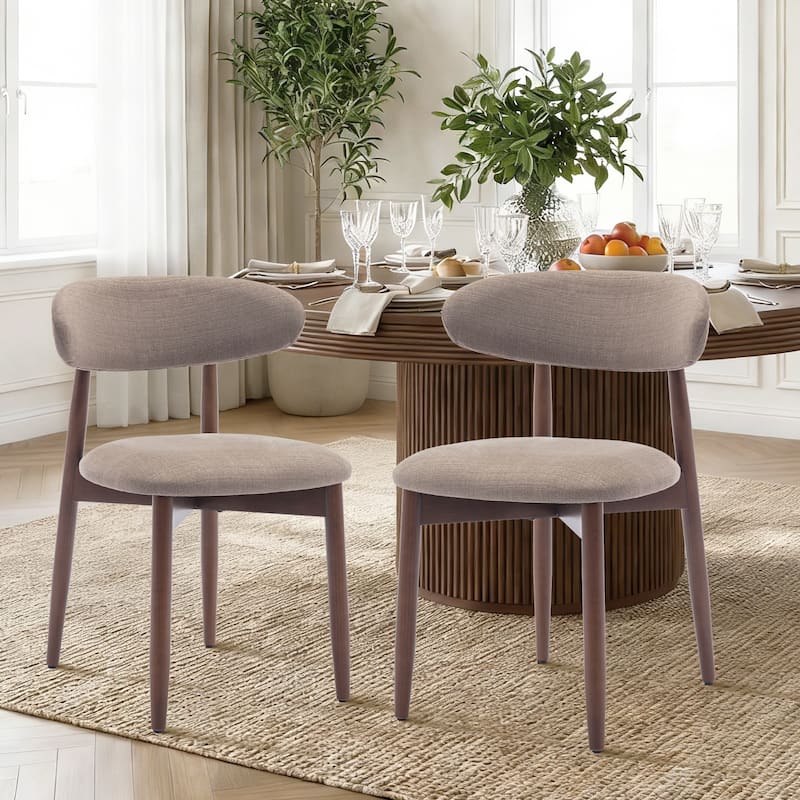 Open Back Upholstered Wood Frame Dining Chair Fabric Seat - Set of 2 - Camel