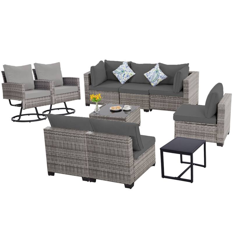 10-Piece Gray Wicker Patio Conversation Set,6 Sofas, 2 Swivel Chairs,2 Table
