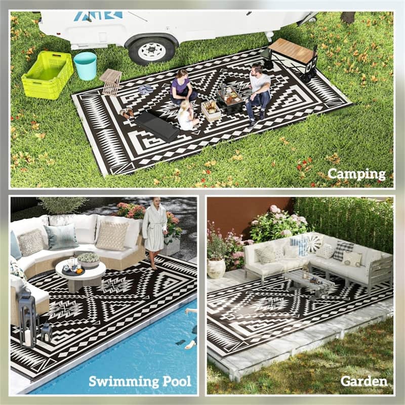 Reversible Outdoor Rug Square Patchwork, UV-Protected Foldable Polypropylene Mat with Carry Bag - : 215.7" L × 107.9" W