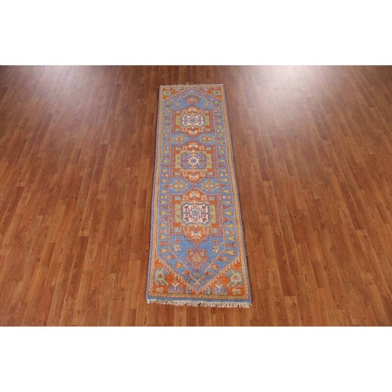 Blue Geometric Heriz Serapi Style Runner Rug Handmade Wool Carpet - 2'5" x 7'11"