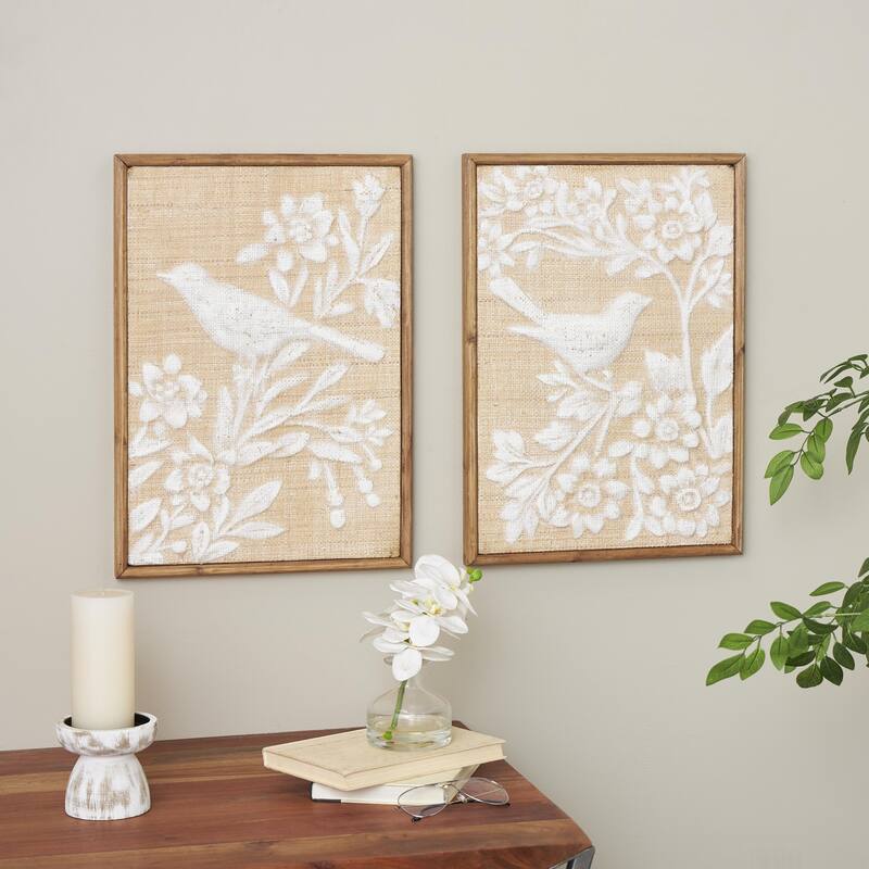 Wood Bird Home Wall Decor with White Painted Floral Patterns - Set of 2 Brown - Roche River Decor