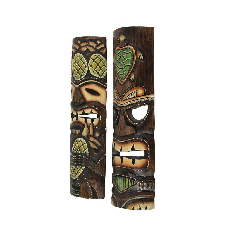 20 Inch Wood Tiki Wall Mask Pineapple And Sea Turtle ( Set Of 2)