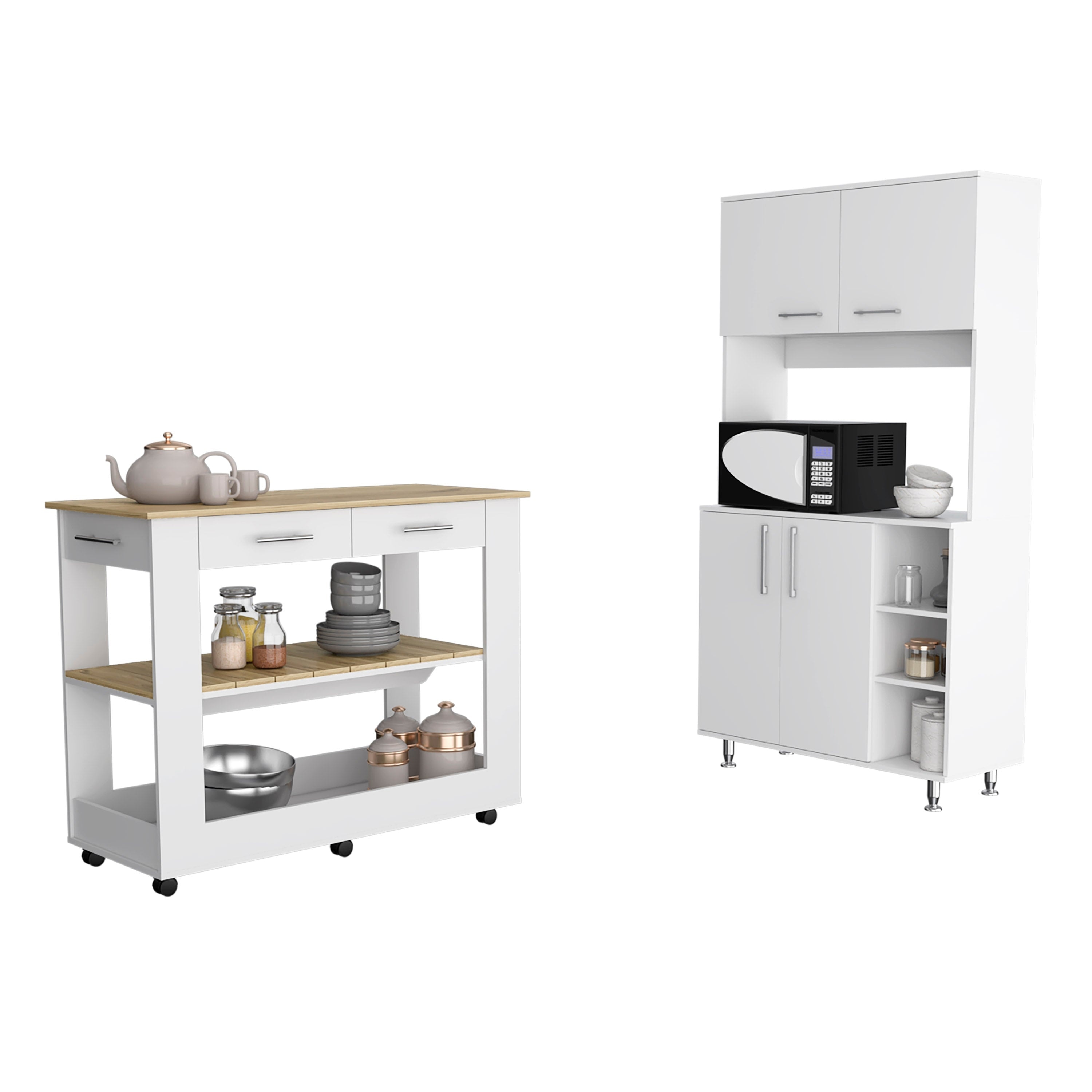 4-Door 2-Drawer 2-Piece Kitchen Set, Kitchen Island And Kitchen Pantry White And Light Oak
