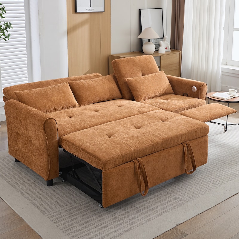 2-in-1 Sleeper Sofa Bed, 3 Seater Sectional Sofa with Pull Out Bed, Reversible Recliner Sofa with Pillows and USB Port