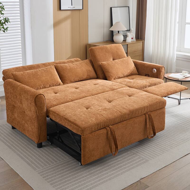 82" 2-in-1 Orange Chenille Three-seater Sofa with Sofa Bed, Reversible Recliner & USB Ports